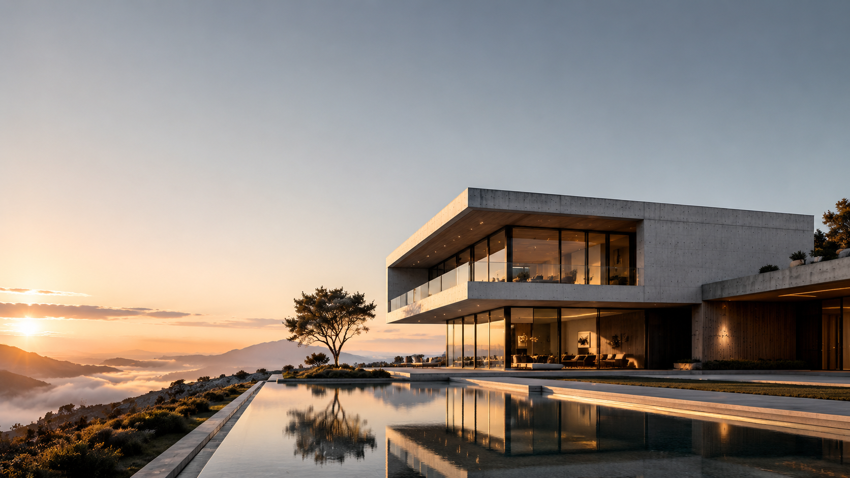 Floor-to-ceiling glass reflecting golden light